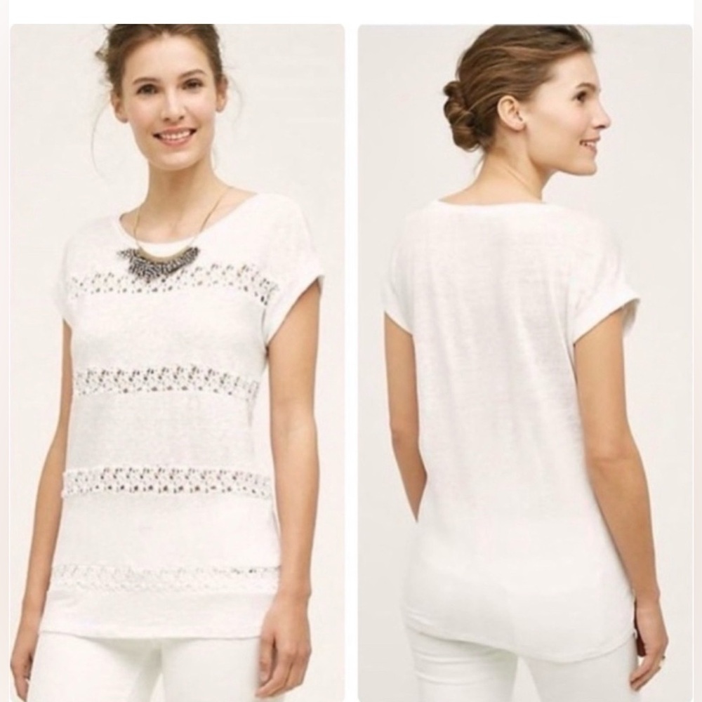 Anthropologie Akemi + Kin White Lattice Lace Stripe Short Sleeve Linen Tee NWT
